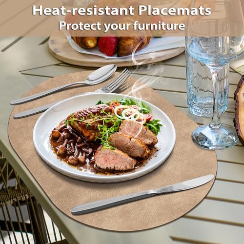 ADRIMER Oval Placemats Set of 4, Wipeable Faux Leather, Apricot