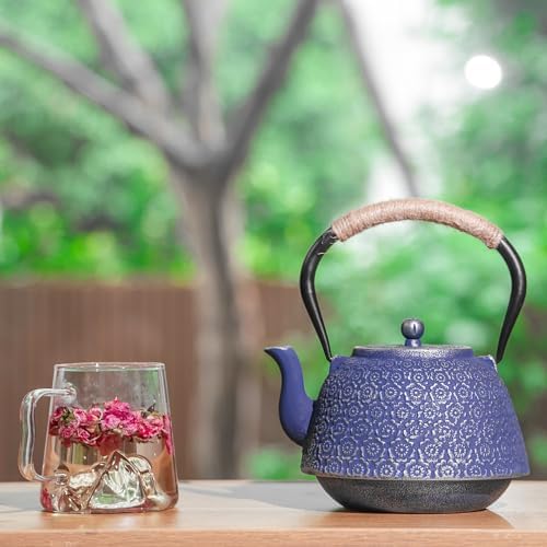 Cast Iron Japanese Tetsubin Tea Kettle, 40 oz, Blue