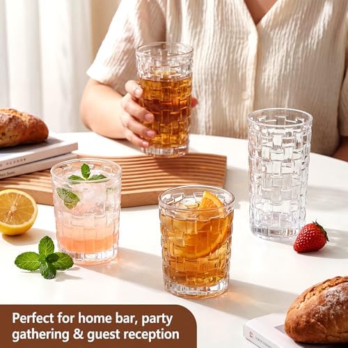 QAPPDA Embossed Drinking Glasses 12 Pack, 11oz & 8oz Old Fashioned