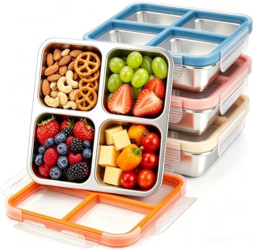 4 Pack Stainless Steel Snack Containers, 4 Compartments,24
