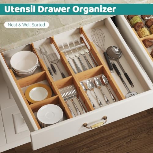 8 Pack Kitchen Drawer Dividers with Inserts, Bamboo Adjustable Drawer