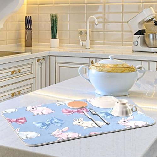 OTVEE Blue Bunny Art Dish Drying Mat for Kitchen Counter Absorbent