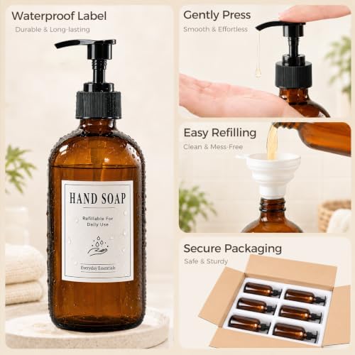 TBWIND 12 Pack 16oz Amber Glass Pump Bottles