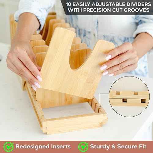 Pot and Pan Organizer for Under Cabinet – Bamboo Pot Lid Organizer for Cabinet with Magnetic Lock, Expandable 2-in-1, Adjustable Dividers, Non-Slip Base for Cutting Boards, Cookie Sheets, Bakeware