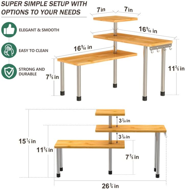 ZHWS Adjustable 3-Tier Corner Counter Shelf with 4 Hooks