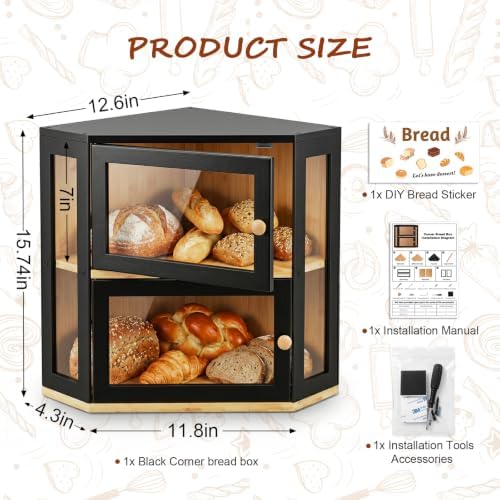 Black Corner Bread Box for Kitchen Countertop, Extra Large Bamboo Storage Breadbox, 2 Tier Modern Bread Bin Container for Homemade Bread with Acrylic Door Panel, Kitchen Organization