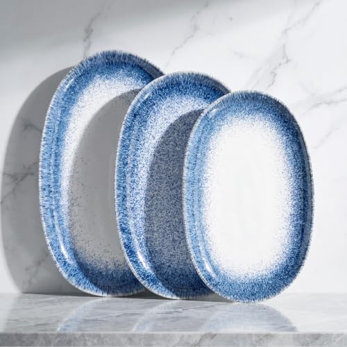 DOWAN Ceramic Serving Platters Set of 3 - Oval, Blue-to-White Ombre