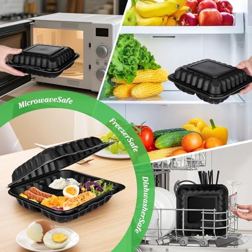 50Pack 8" X 8" 3-Compartment Clamshell To Go Food Containers With