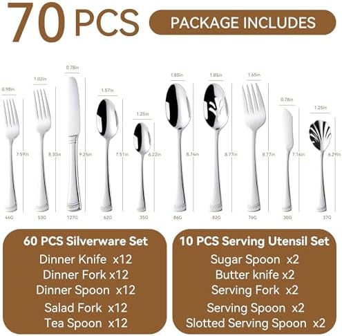 70 PCS Flatware & Serving Utensils Sets, 18/10 Heavy Silverware Set