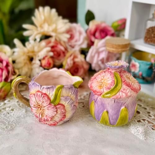 Floral Ceramic Sugar & Creamer Set - 3D Hand-Painted Cherry Blossom