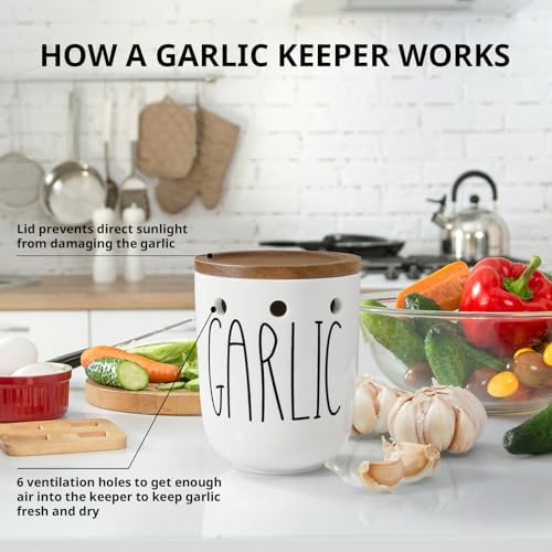 Ceramic Garlic Keeper for Counter, Large Garlic Holder with Acacia