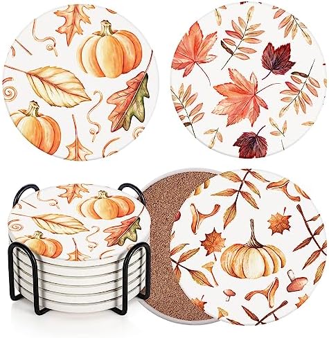 Britimes Fall Coasters for Drinks, Set of 6, Ceramic Stone, Leaf