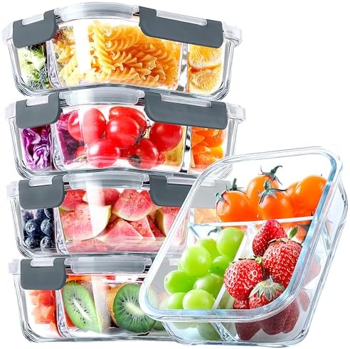 VERONES 5 PACK 36 OZ Glass Food Storage Containers, Grey