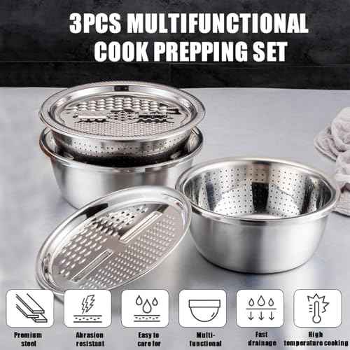 3 in 1 Stainless Steel Mixing Bowls Set - Multifunctional Colander with Grater & Vegetable Slicer, Stackable Kitchen Strainer Drain Basket for Rinsing, Washing, Mixing & Food Prep, Food Grade, 3Pcs