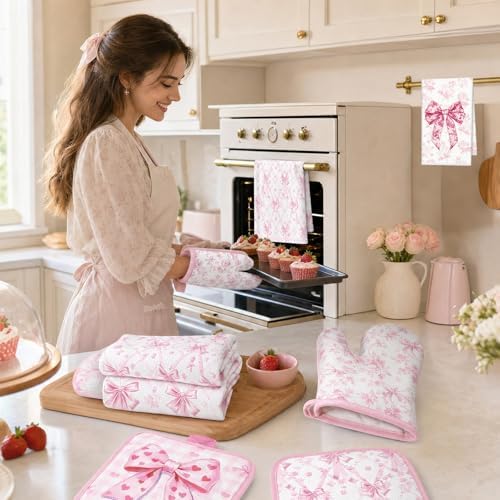 Pink Bows Kitchen Decor Set, 8 Pcs Coquettte Bow Home Accessories with