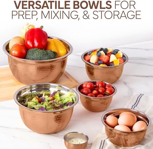 COOK WITH COLOR 18 Piece Mixing Bowls Set with Airtight Lids, Handcrafted Stainless Steel Bowls, Food Storage Containers, Meal Prep, Nesting Salad Bowls For Cooking, Baking, Kitchen, Copper - Hammered