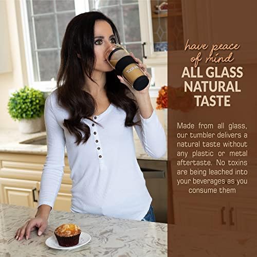 Double Wall Glass Tumbler, 14-Ounce Glass Travel Coffee Mug with Lid