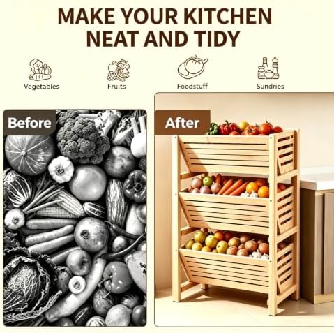 Stackable Potato Onion Storage Bins - Wooden Produce Basket - Fruit