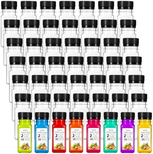 50 Pcs 2oz Plastic Juice Bottles with Caps, 2oz Plastic Juice Bottles