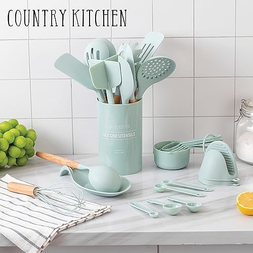 Country Kitchen Non Stick Silicone Utensil Set with Rounded Wood