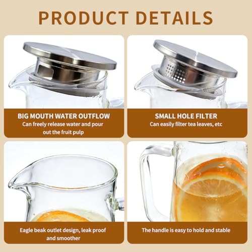 Borosilicate Glass Water Pitcher with Stainless Steel Lid 1.4L/47oz