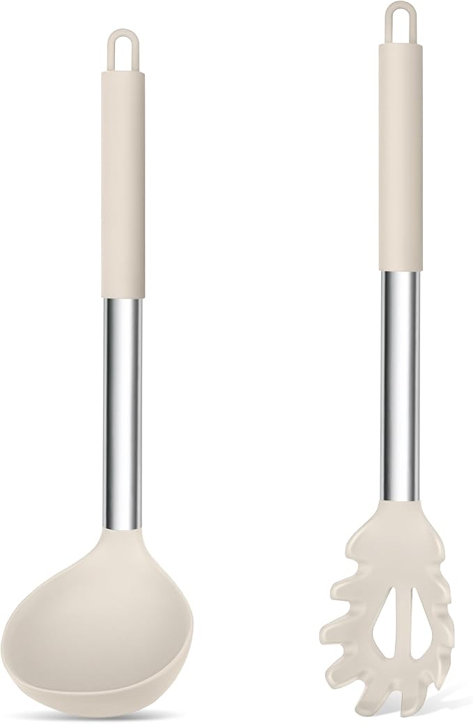 TeamFar Silicone Soup Ladle and Pasta Fork Set, Serving Soup, Non-Toxic & by TeamFar