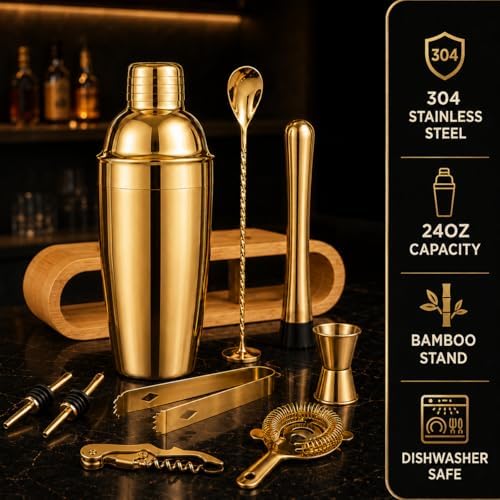 10-Piece Gold Cocktail Shaker Set,24oz Martini Shaker,Stainless Steel