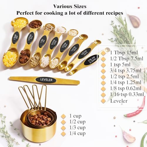 13pcs Gold Stainless Steel Measuring Cups and Spoons Set, Including 8