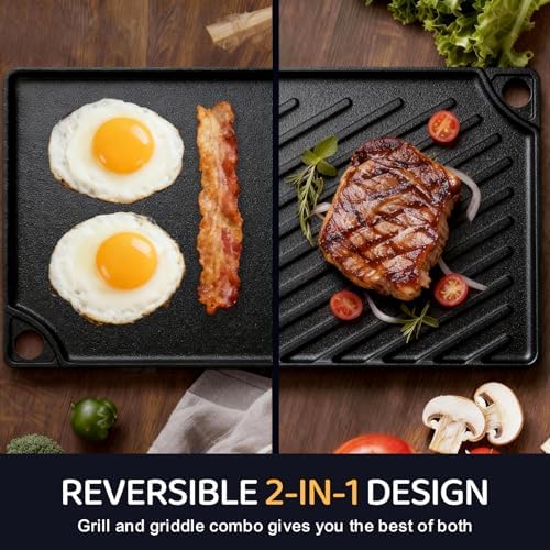 EWFEN Reversible Grill/Griddle, 16.7x9.5'' Pre-Seasoned Cast Iron Griddle Pan, Double Burner Cookware, Rectangular Stovetop Griddle with Handles, Flat Top Plate for Oven, Grill & Campfire