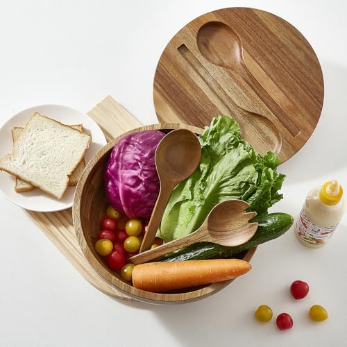 Acacia Wooden Salad Bowl with Lid, Built-in Acacia Wood Utensils