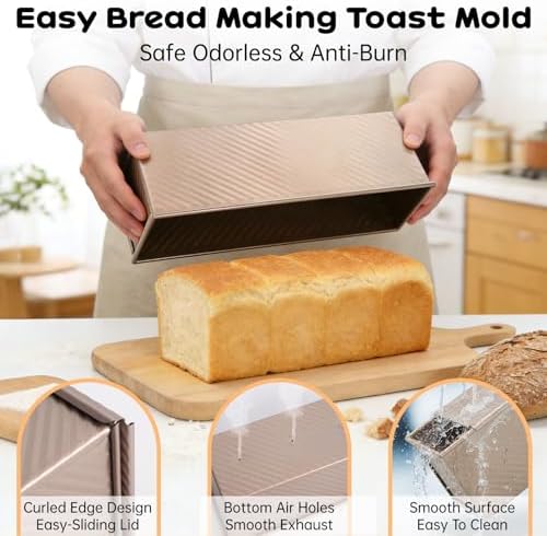 2 Pack Pullman Loaf Pan with Lid - 2.2LB Non-Stick Bread Pan, Carbon