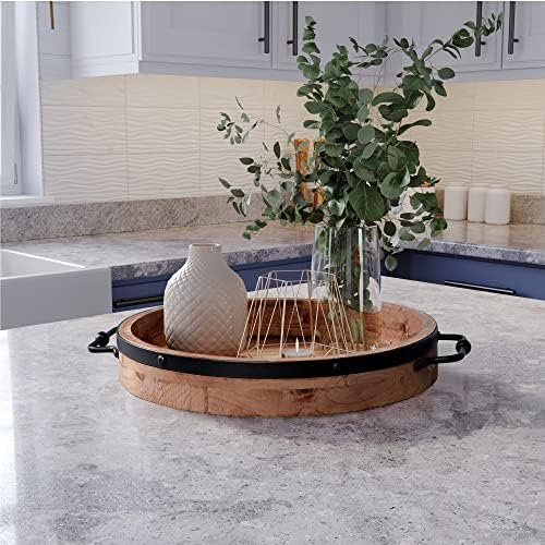 Round Coffee Table Tray|13'' Farmhouse Wood Serving Tray with Metal