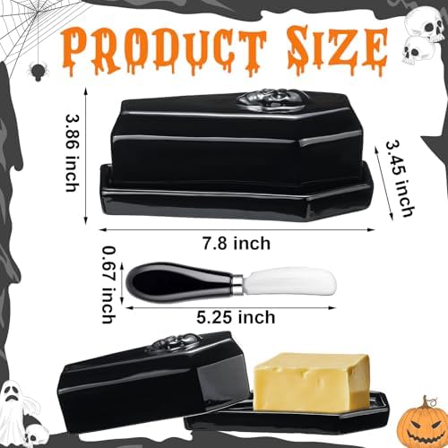 Reallnaive 2 Pcs Coffin Butter Dish with Lid, Gothic Skull Black,Flat
