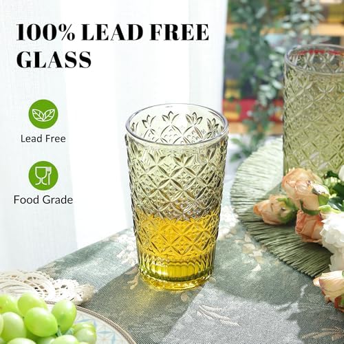 Joeyan Green Vintage Drinking Glasses,Embossed Highball Water Glass
