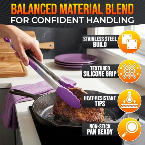 Kitchen Tongs Set, 3-Piece, 7/9/12-Inch, Purple