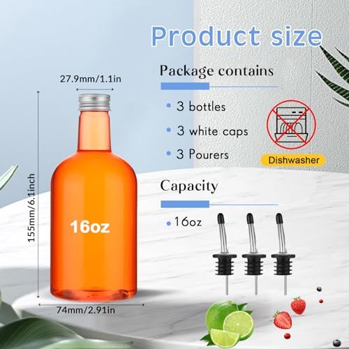 Maxcheck 3 Sets 16 oz Syrup Bottles, Plastic Long Neck with SS Pourer
