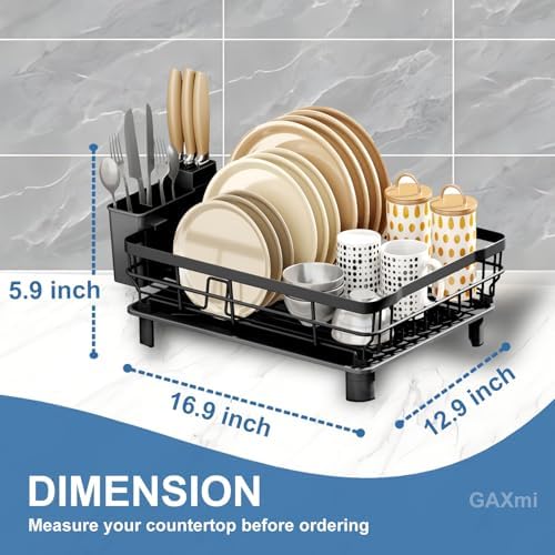 GAXmi 1-Tier Dish Drying Rack with Drainboard, Black