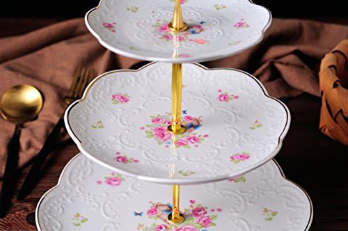 Jusalpha Embossed 3-tier Ceramic Cake Stand- Cupcake Stand with Golden