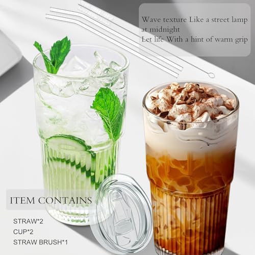 Luiaiog Glass Cups with Lids and Straws Set of 2, 18.6 oz Ribbed