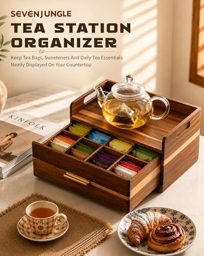 Acacia Wood Tea Bag Organizer for Countertop, Tea Holder Organizer