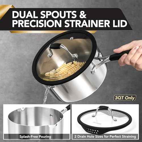 MICHELANGELO Triply Stainless Steel Saucepan Set with Strainer Lid, Heavy-duty Sauce Pan with Lid, Multipurpose Sauce Pot Induction Compatible - 1QT & 2QT & 3QT