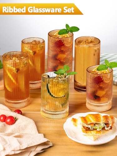 Amber Glassware Ribbed Drinking Glasses Set of 8, Vintage Glassware