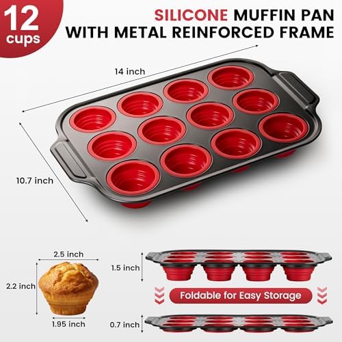 Silicone Muffin Pans for Baking with Metal Frame - 12 Cups Cupcake