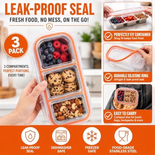 Stainless Steel Snack Containers with Lids, 3 Compartment Leakproof