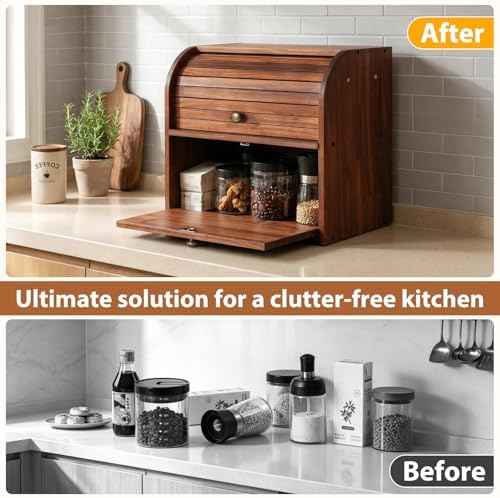 Sunhoo Wooden Bread Box for Kitchen Countertop, Roll Top Breadbox, Brown