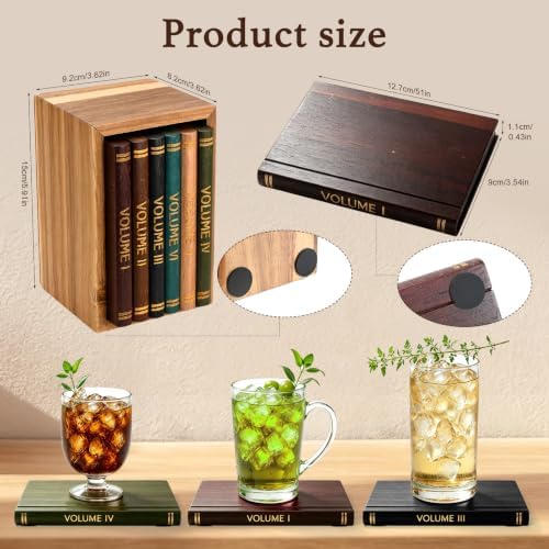 Book Coasters Set of 6 | Wood Coasters - Book-Style Decorative Wooden