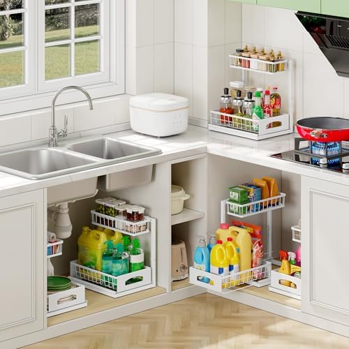 Under Sink Organizer, 2-Pack L-Shaped Metal Pull-Out Drawers for
