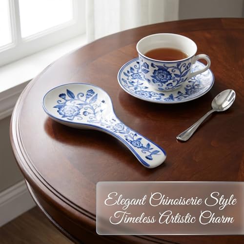 Whaline 8.9 Inch Blue Floral Spoon Rest Large Ceramic Spoon Holder