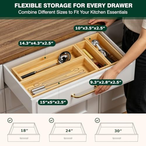 Bamboo Kitchen Drawer Organizer, Set of 2, Nested, 15" x 5" x 2.5"