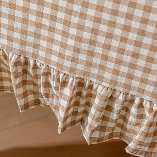 Checkered 100% Washed Cotton Tablecloth Ruffle Gingham Taupe, 60"×120"